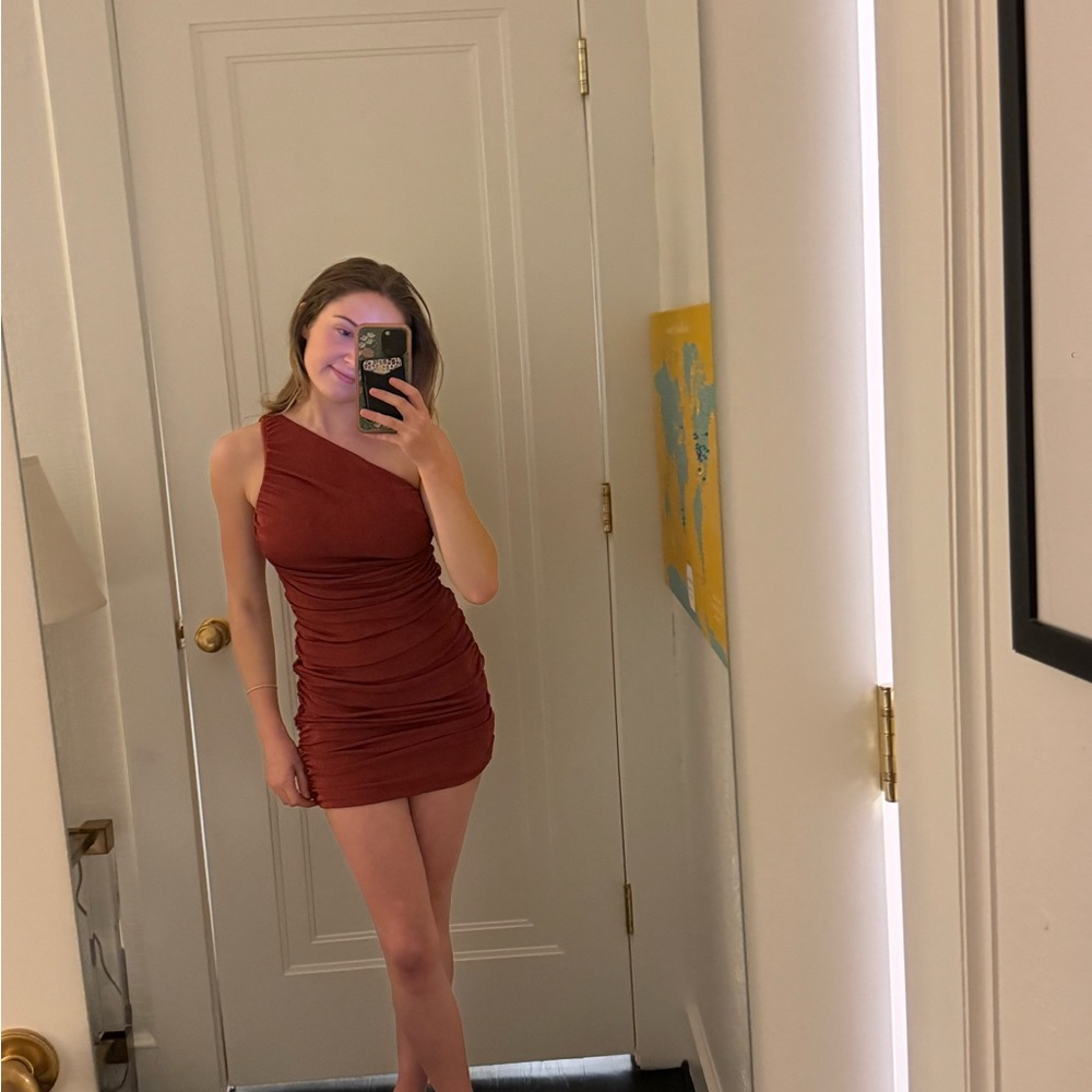 Elegant One-Shoulder Rust Dress